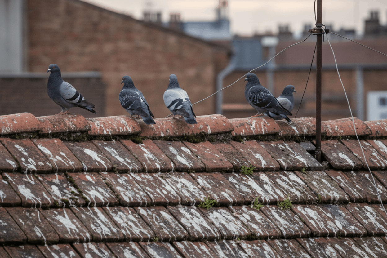 Pigeons roosting on a roof ridge heavily soiled with guano across the tiles below