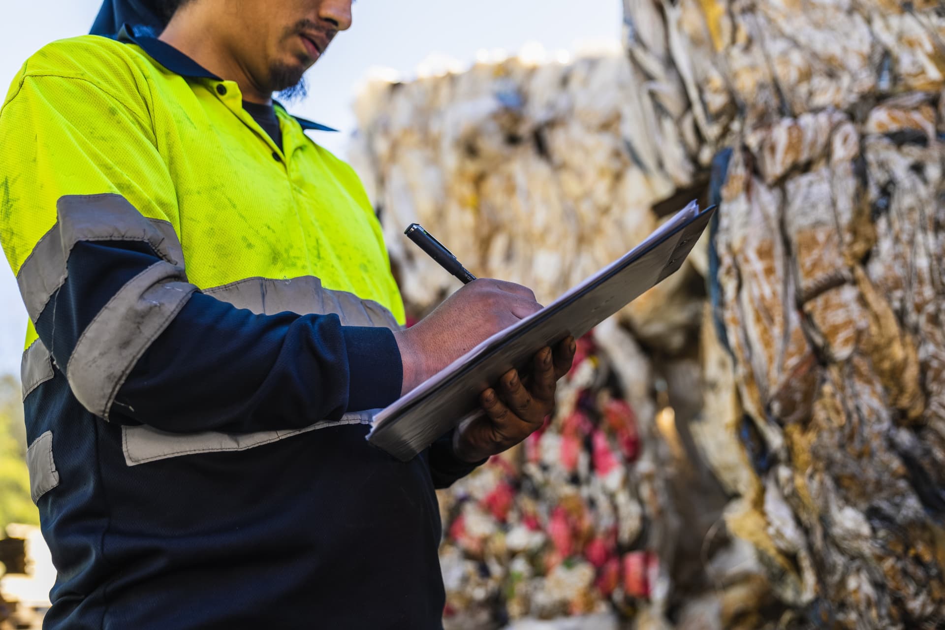 Site operative in high-visibility workwear recording baled waste at a licensed recycling facility